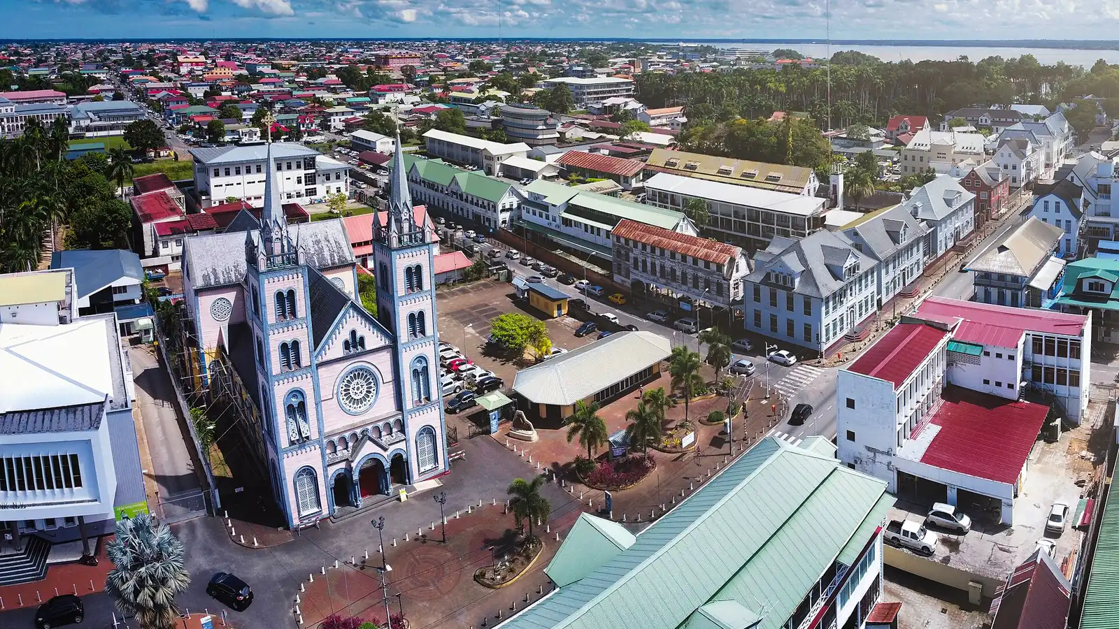 Aerial view of the Cathedral-Basilica and the rooftops of Paramaribo