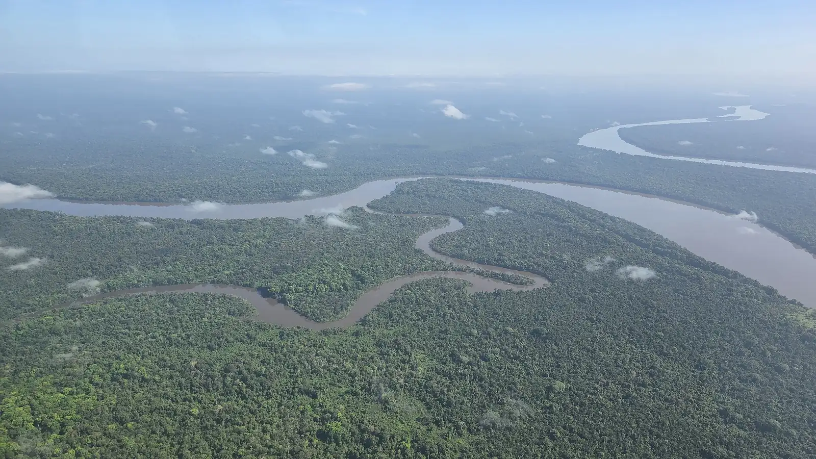 Aerial view of a winding river through untouched rainforest in the Suriname interior