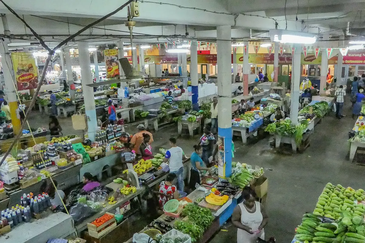Fresh produce stalls inside the Central Market of Paramaribo